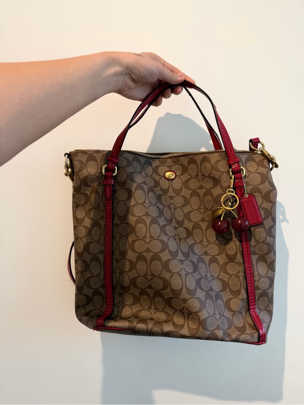 Coach Signature Canvas Tote with Red Leather Trim - Picture 2 of 7